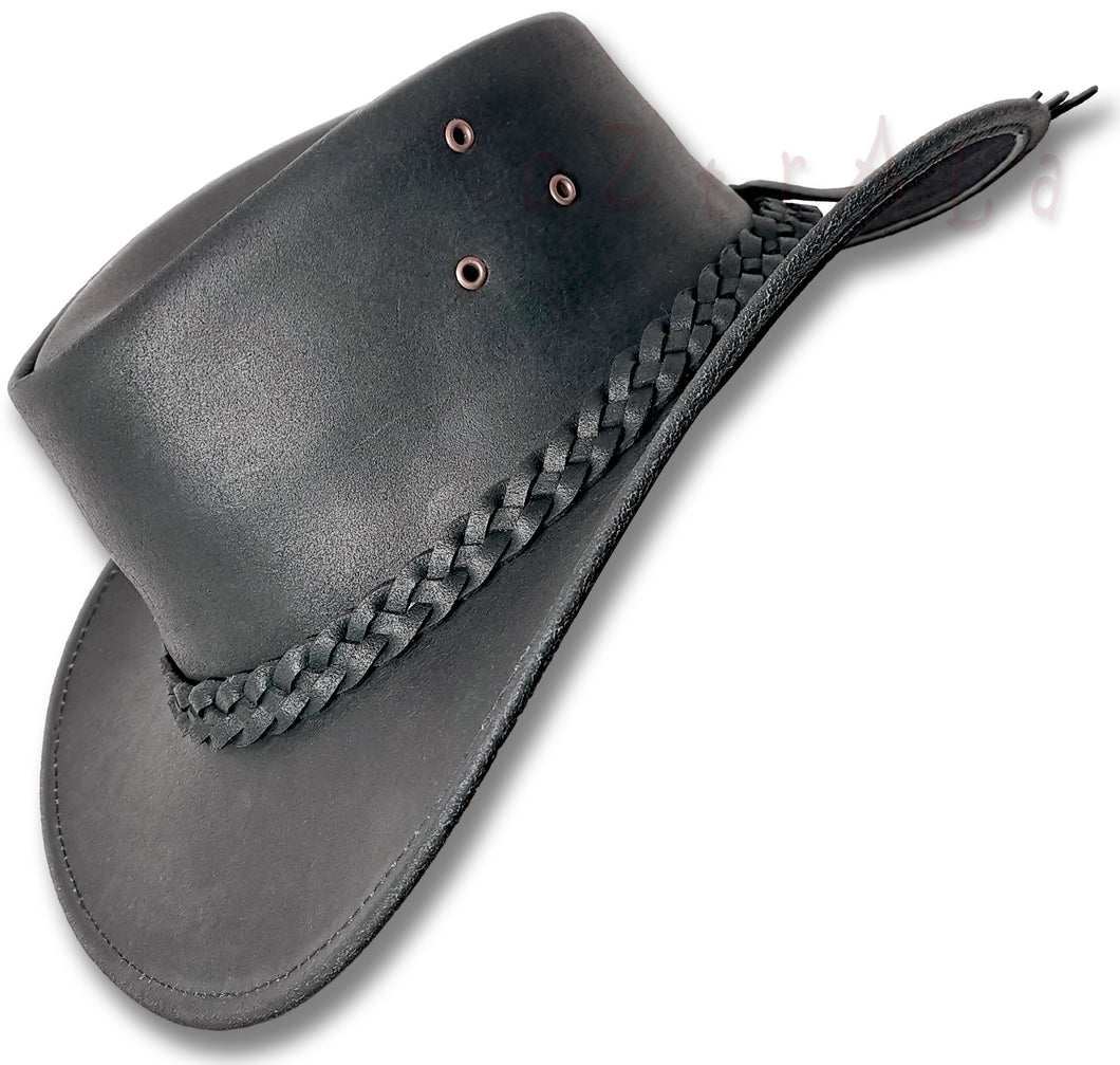 【oZtrALa】 Australian Oiled Leather Hat Outback Aussie Western Cowboy Mens Womens Kids Jacaru Black Brown WO HL11