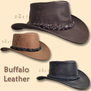 【oZtrALa】 Australian BUFFALO Leather Hat Outback Breezer Western Cowboy Mesh Mens Womens Kids Jacaru Black Brown HLBS HLBB